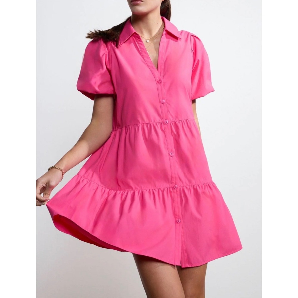 Brochu Walker The Havana Mini Dress Pink Tiered Shirt Dress Sz S Cotagecore Chic